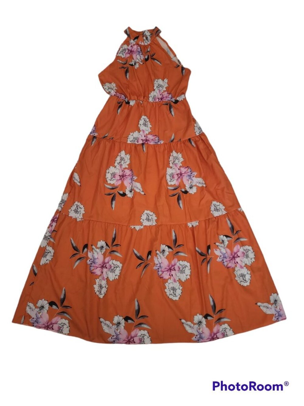SHEIN Women's Floral Print Halter Long A-Line Dress Orange/Multi Size Medium‎ - Picture 4 of 11